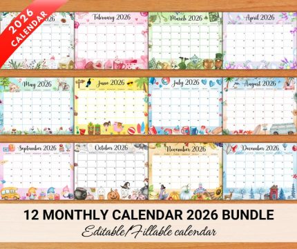 Editable 2026 Monthly Calendar Printable for Kids